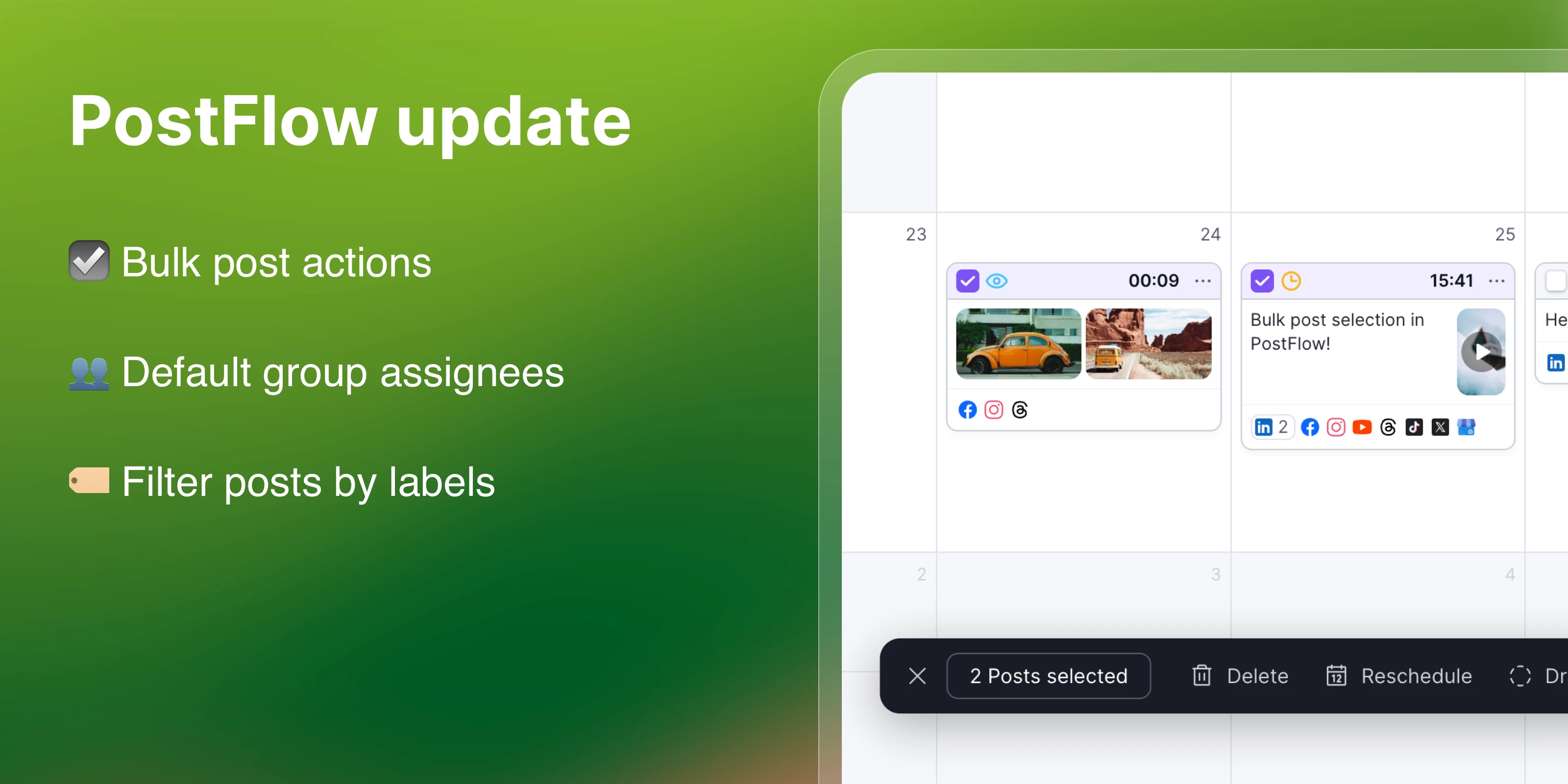 PostFlow update: Bulk actions, default assignees, and filtering by labels