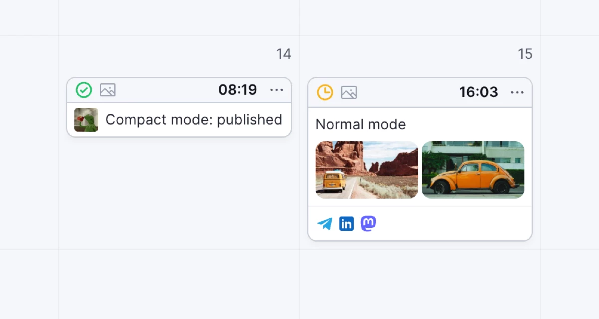 Calendar with a post in compact mode next to a post in normal mode