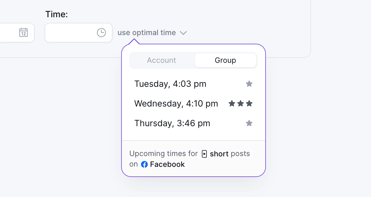 Optimal time popover with suggested upcoming times for short posts on Facebook