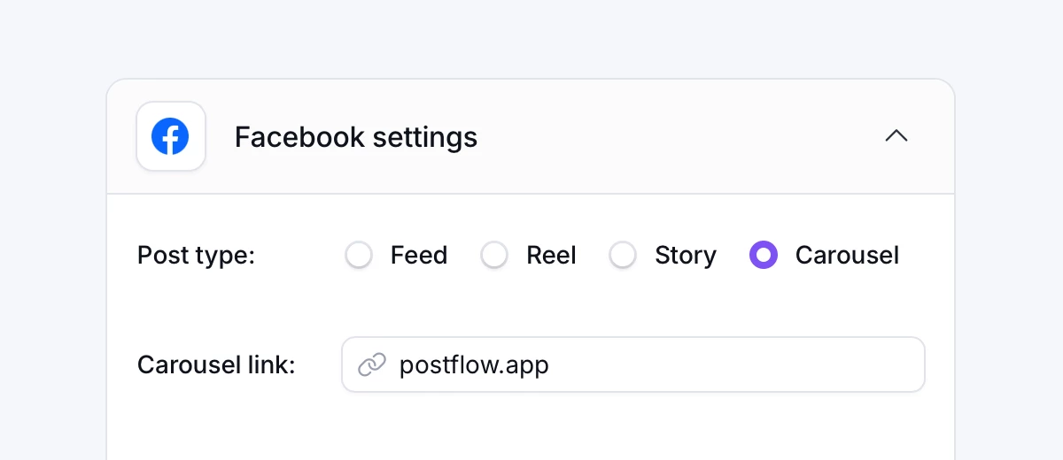 PostFlow's post composer, showing settings section for Facebook post