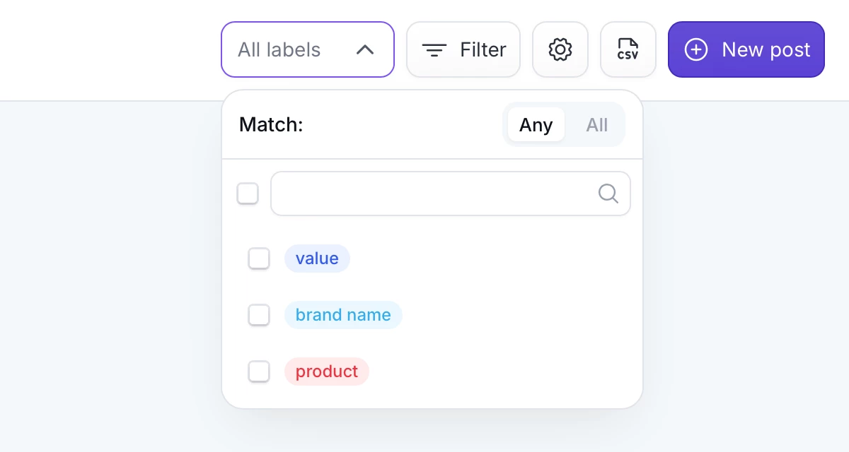 PostFlow's calendar page, showing filter by labels dropdown.
