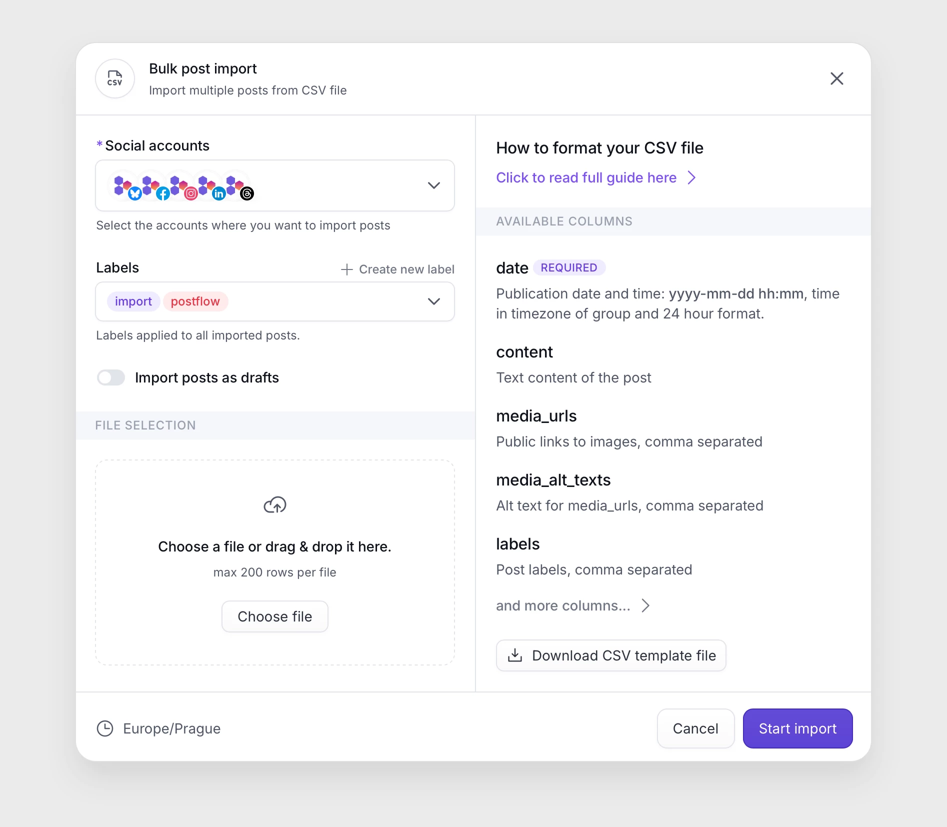 Modal window for bulk import in PostFlow