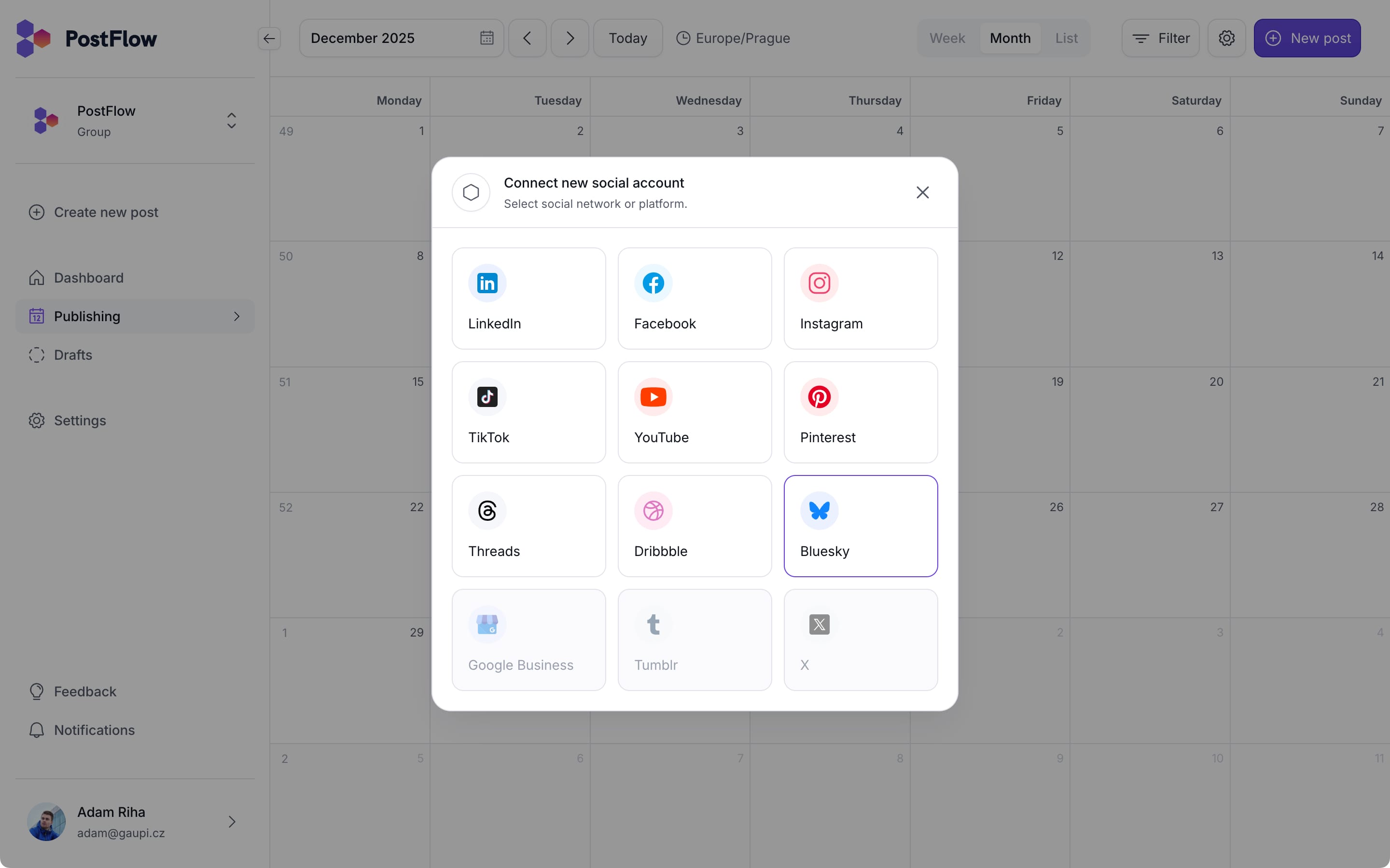 PostFlow connecting new social account