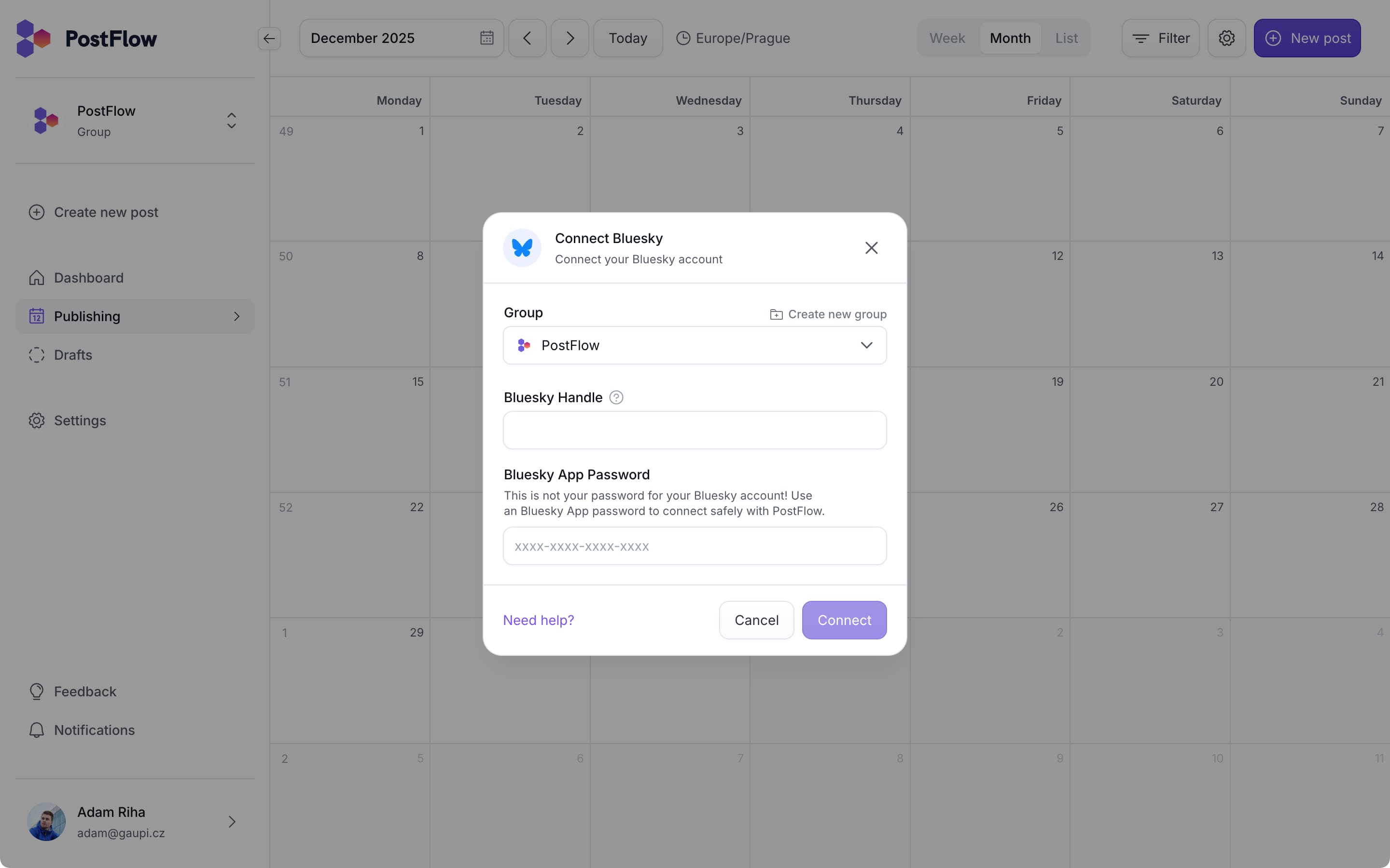 PostFlow connecting new Bluesky account