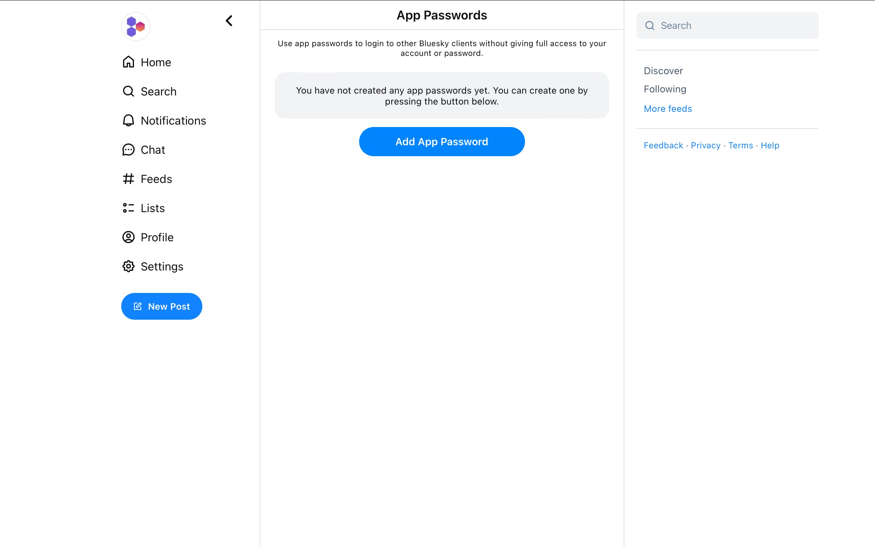 Bluesky app passwords page
