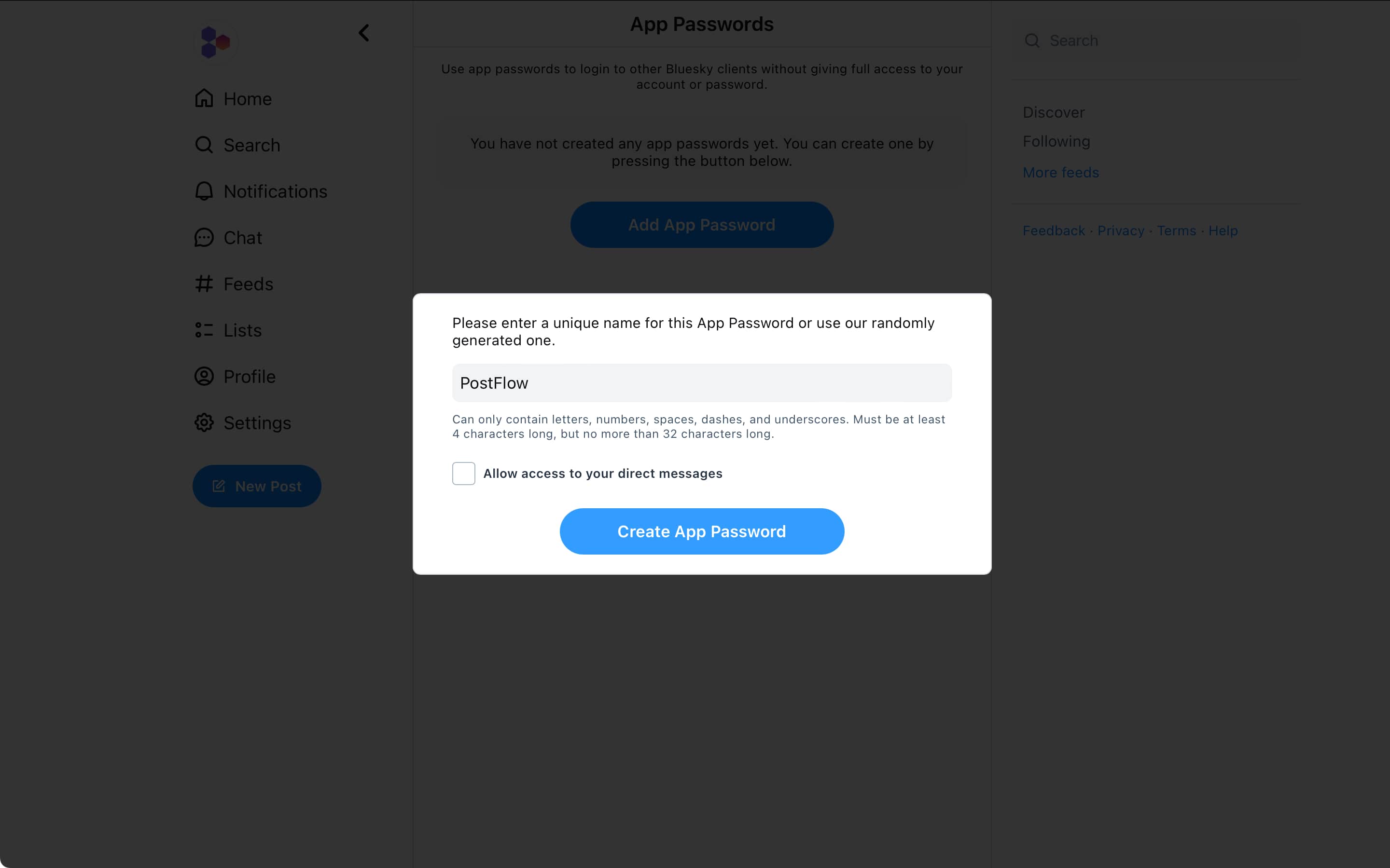 Bluesky creating app password