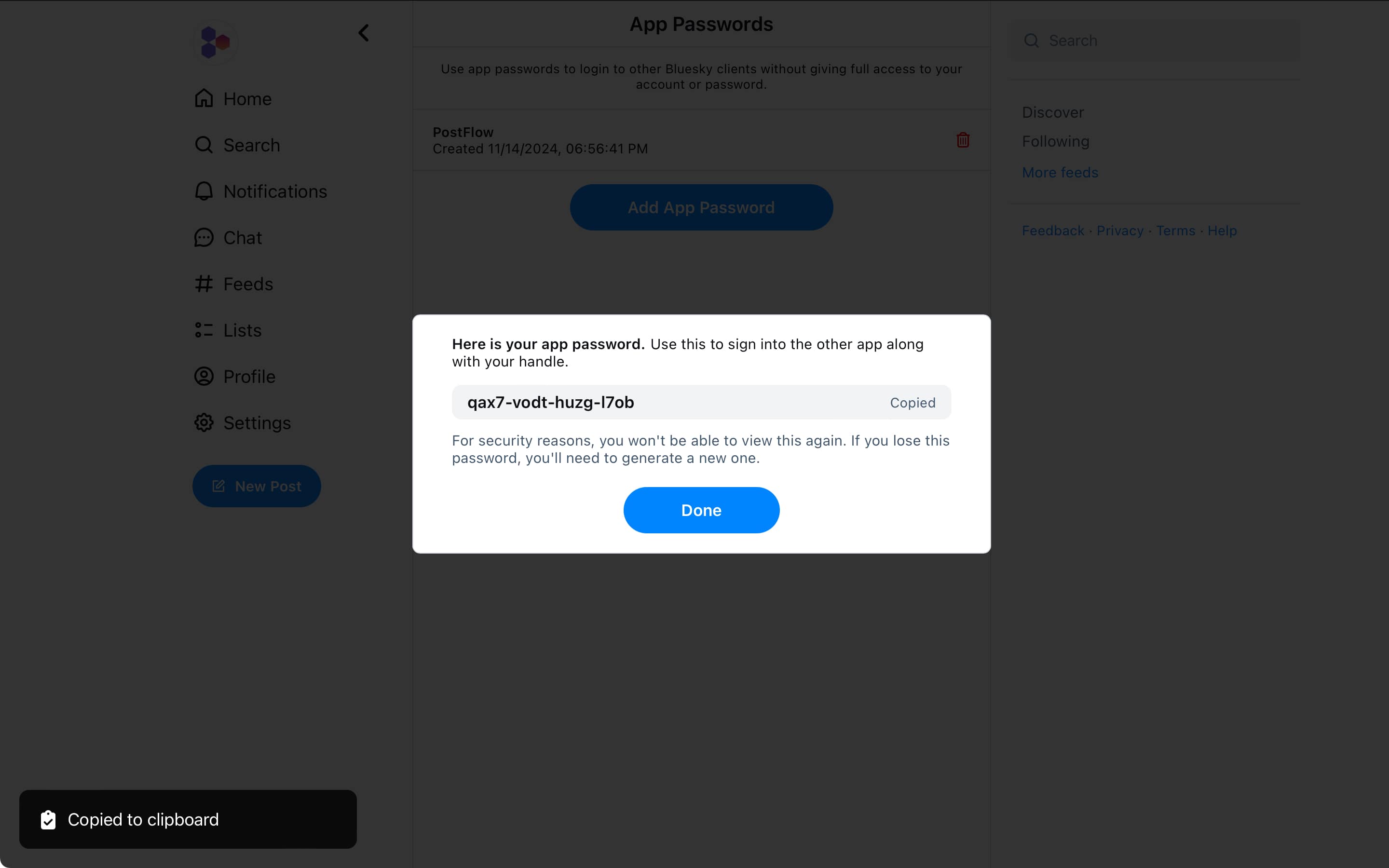 Bluesky generated App password