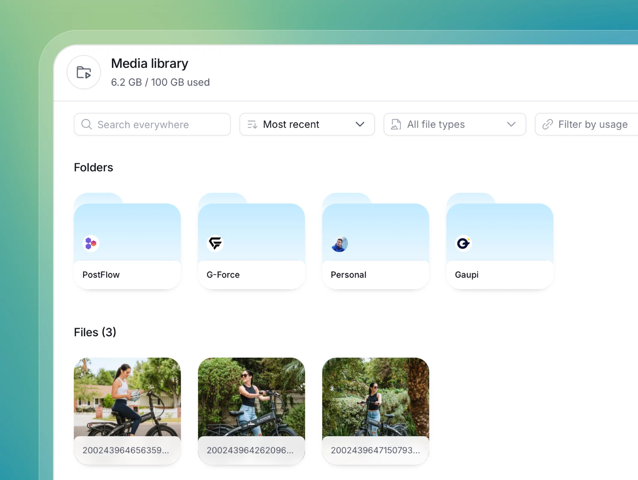 Media library in PostFlow, folders and uploaded files
