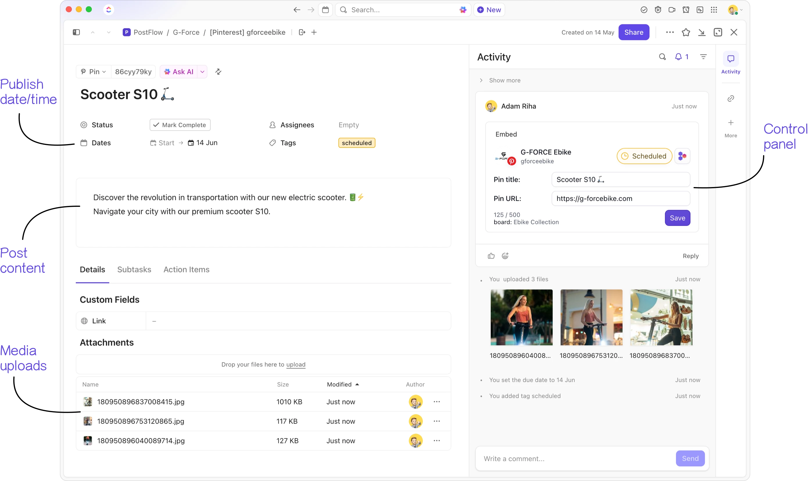 Social media management in ClickUp with PostFlow integration